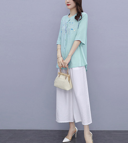 Pamučni ljetni komplet - košulja s vezom i široke hlače