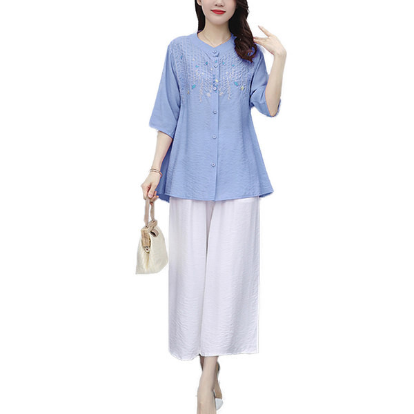 Pamučni ljetni komplet - košulja s vezom i široke hlače