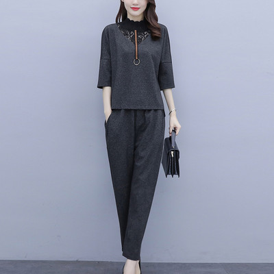 Γυναικείο ανοιξιάτικο σετ μπλούζας με δαντέλα και φαρδύ παντελόνι