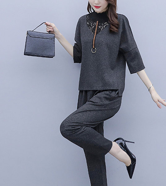 Γυναικείο ανοιξιάτικο σετ μπλούζας με δαντέλα και φαρδύ παντελόνι