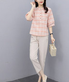 Γυναικείο καρό σετ από δύο μέρη παντελόνι και μπλούζα με μανίκια 3/4