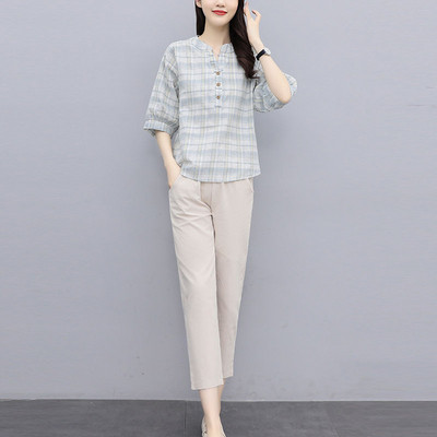 Γυναικείο καρό σετ από δύο μέρη παντελόνι και μπλούζα με μανίκια 3/4