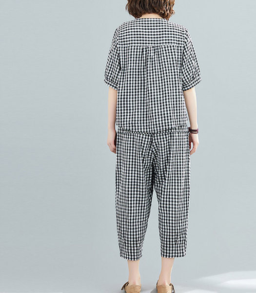 Καρό σετ με χρωματιστά κουμπιά - φαρδύ μοντέλο