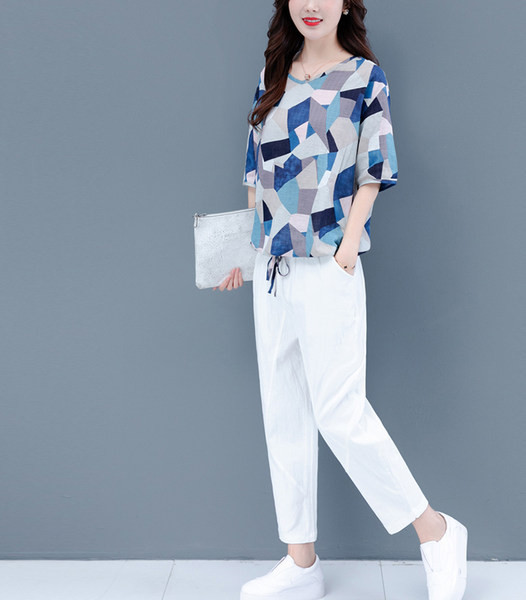 Καλοκαιρινό βαμβακερό σετ - μπλούζα και παντελόνι