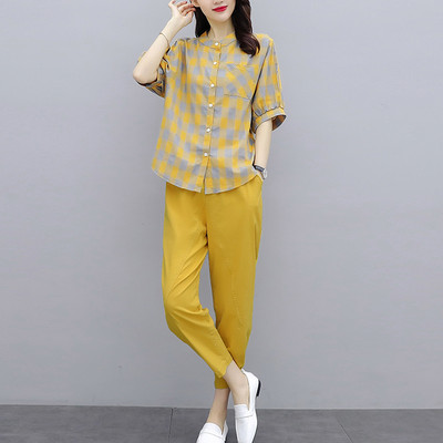 Casual γυναικείο σετ καρό πουκάμισο και παντελόνι