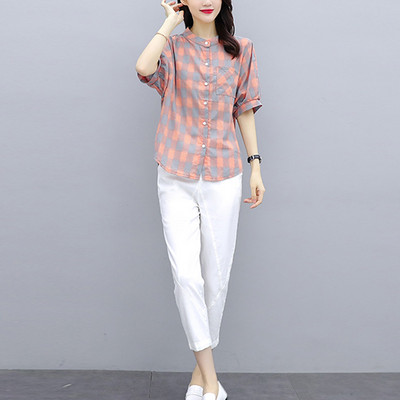 Casual γυναικείο σετ καρό πουκάμισο και παντελόνι