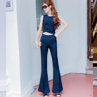 Moodne naiste komplekt kahest osast - topp ja lõhikutega püksid