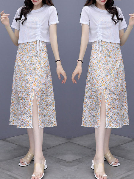 Καλοκαιρινό σετ σιφόν - μπλούζα με μαζεμένο εφέ και φλοράλ φόρεμα