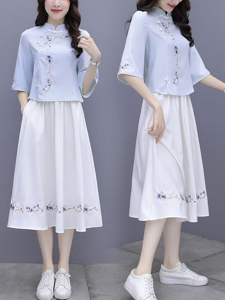 Γυναικείο σετ φούστα  και πουκάμισο με κέντημα