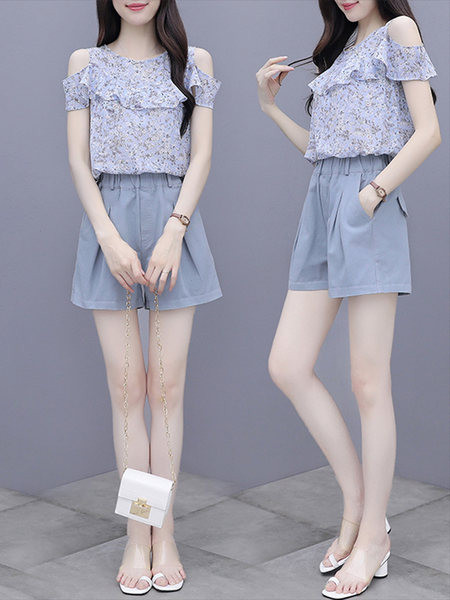 Дамски летен сет - блуза с къдри и къси панталони