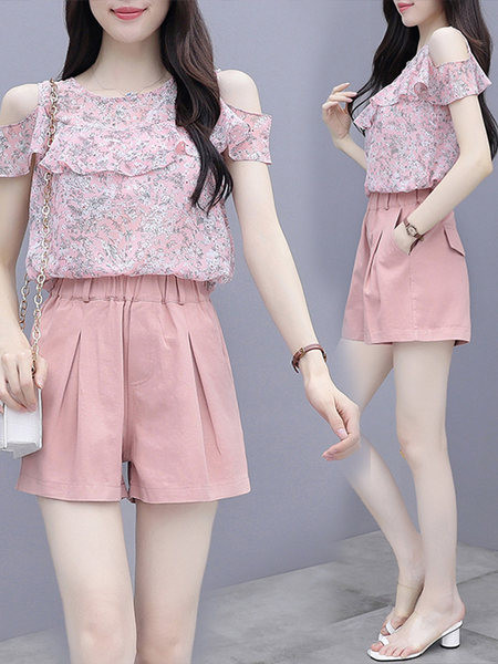 Дамски летен сет - блуза с къдри и къси панталони