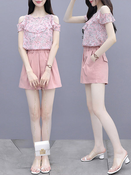 Дамски летен сет - блуза с къдри и къси панталони