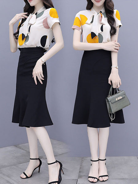 Γυναικείο κομψό πουκάμισο σετ με κορδέλα και φούστα