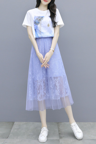 Γυναικείο σετ με φούστα δαντέλα σε μπλε χρώμα