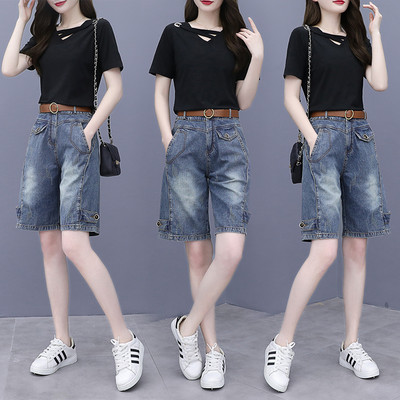 Casual komplekt - 3/4 pikkusega teksad ja pluus