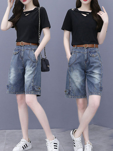 Casual komplekt - 3/4 pikkusega teksad ja pluus