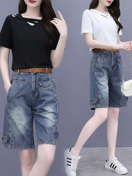 Casual komplekt - 3/4 pikkusega teksad ja pluus