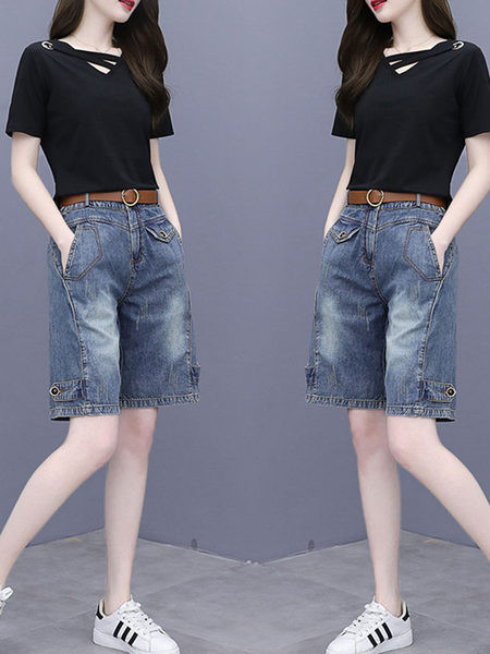 Casual komplekt - 3/4 pikkusega teksad ja pluus