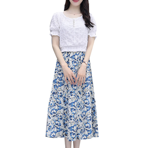 Γυναικείο σετ σιφόν - μπλούζα με βολάν και φούστα