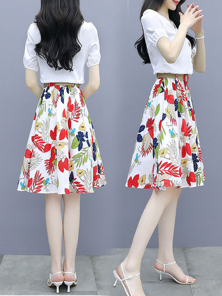 Ženski komplet od dvodijelne suknje u boji s visokim strukom i bluze sa špic izrezom