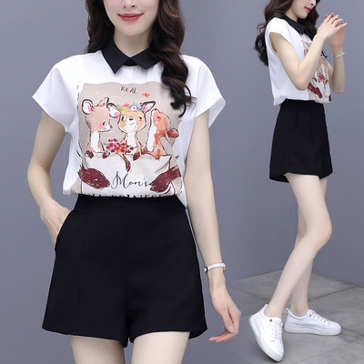 Casual γυναικείο σετ μπλούζας με στάμπα και σορτς