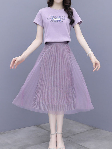 Lilla värvi plisseeritud seelikuga naiste komplekt