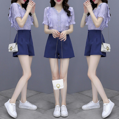 Naiste kõrge vöökohaga lühikeste pükste ja särgi komplekt tikandite ja pärlitega