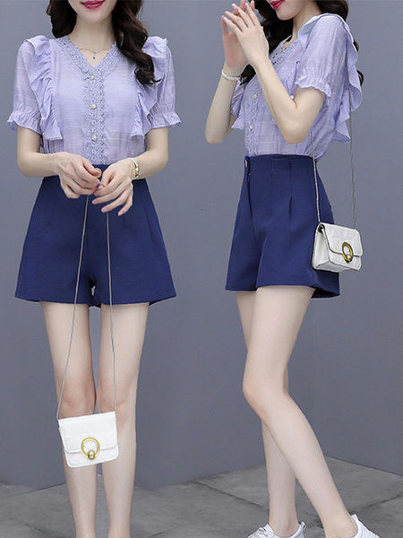 Naiste kõrge vöökohaga lühikeste pükste ja särgi komplekt tikandite ja pärlitega