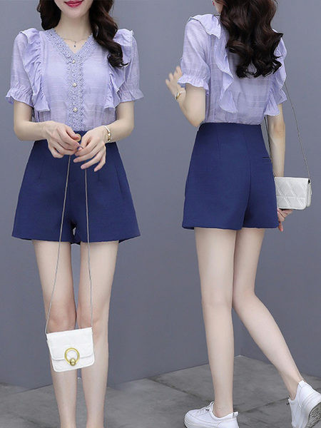 Naiste kõrge vöökohaga lühikeste pükste ja särgi komplekt tikandite ja pärlitega