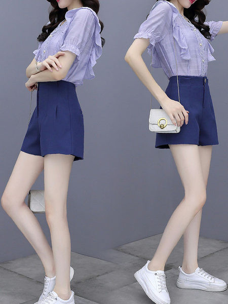 Naiste kõrge vöökohaga lühikeste pükste ja särgi komplekt tikandite ja pärlitega