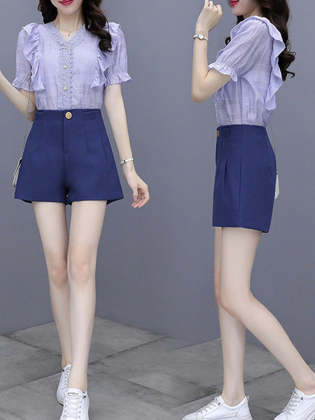 Naiste kõrge vöökohaga lühikeste pükste ja särgi komplekt tikandite ja pärlitega