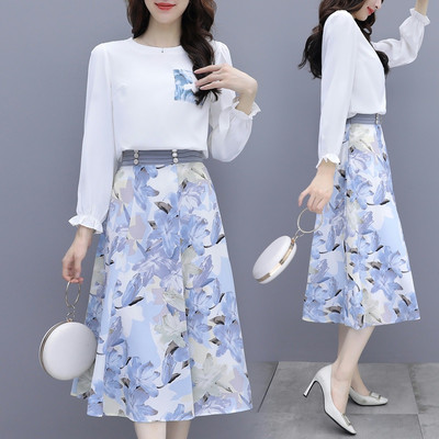 Γυναικεία ανοιξιάτικη φούστα σετ  ψηλόμεση και πουκάμισο με βολάν