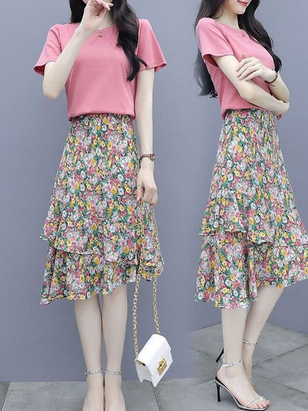 Naiste suvine komplekt - lillemustriga T-särk ja seelik