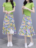 Νέο μοντέλο γυναικεία σετ φούστα ψηλόμεση και μπλουζάκι με κοντό μανίκι