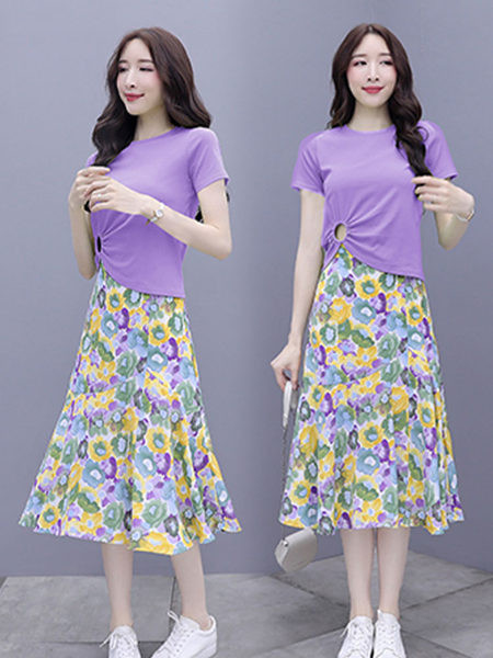 Νέο μοντέλο γυναικεία σετ φούστα ψηλόμεση και μπλουζάκι με κοντό μανίκι