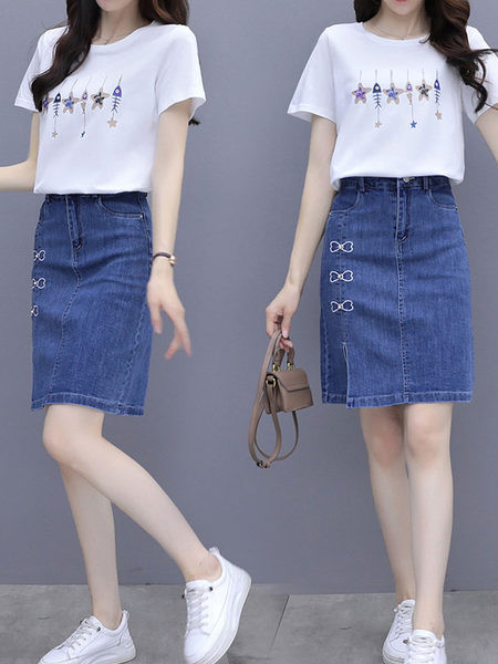 Дамски летен сет - тениска с щампа и дънкова пола с бродерия и цепка