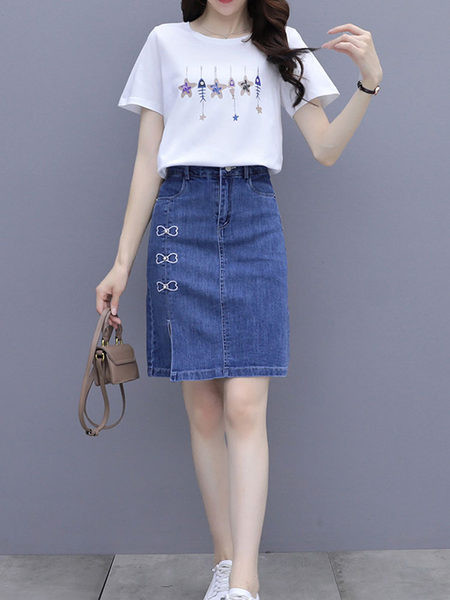 Дамски летен сет - тениска с щампа и дънкова пола с бродерия и цепка