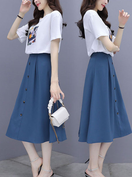 Καλοκαιρινό σετ για γυναίκες - T-shirt με στάμπα και κομμένη φούστα