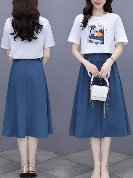 Καλοκαιρινό σετ για γυναίκες - T-shirt με στάμπα και κομμένη φούστα