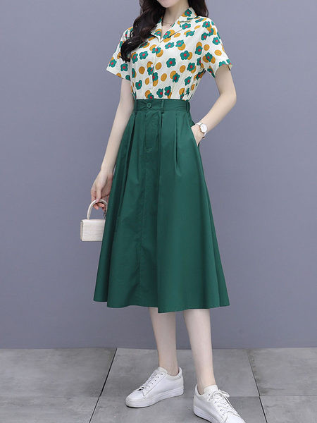 Kaheosaline kõrge vöökohaga seeliku ja aplikatsiooniga särgi komplekt