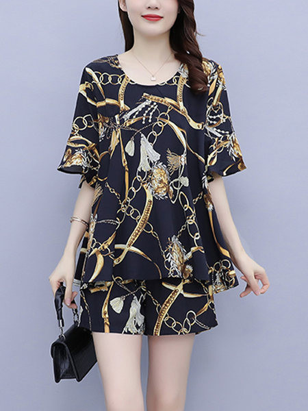 Värviline naiste komplekt - pluus ja lühikesed püksid