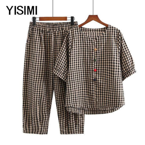 Καρό γυναικείο σετ - πουκάμισο με λαιμόκοψη  και παντελόνι