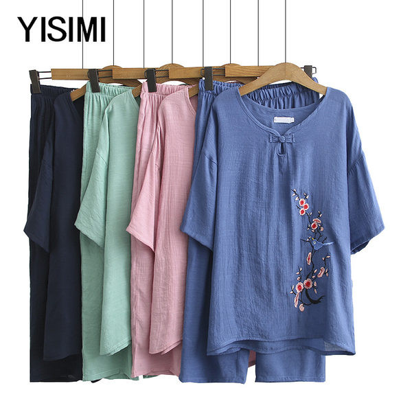 Suvine puuvillane komplekt - tikandiga pluus ja laiad püksid