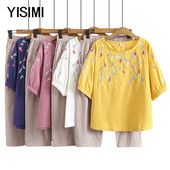 Suvine puuvillane komplekt - tikandiga pluus ja laiad püksid