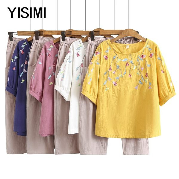 Suvine puuvillane komplekt - tikandiga pluus ja laiad püksid