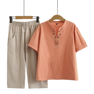 Καλοκαιρινό σετ - μπλούζα με κέντημα και φαρδύ παντελόνι