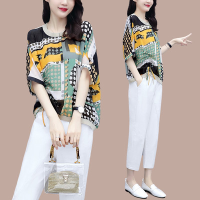 Suvine komplekt - lai koondunud efektiga pluus ja püksid