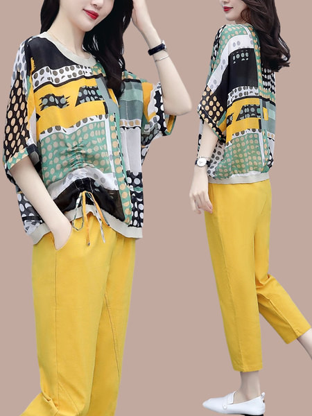 Suvine komplekt - lai koondunud efektiga pluus ja püksid