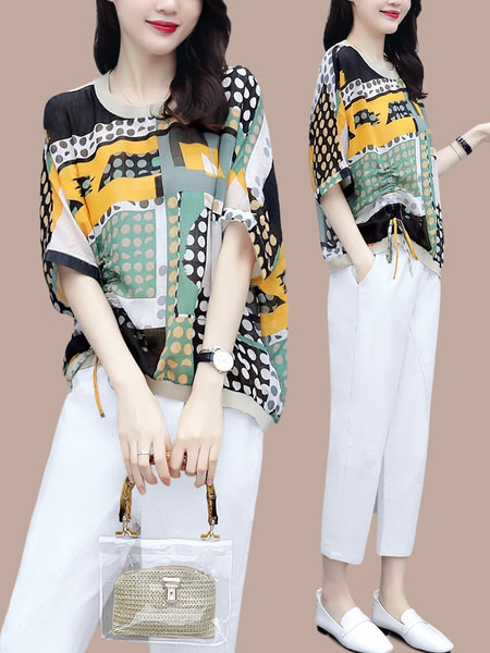 Suvine komplekt - lai koondunud efektiga pluus ja püksid