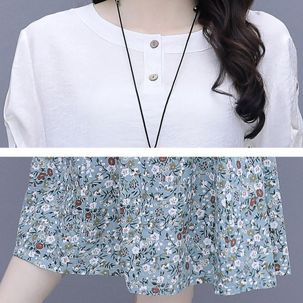 Γυναικείο σετ φούστες με φλοράλ μοτίβα και μπλουζάκι με οβάλ λαιμόκοψη